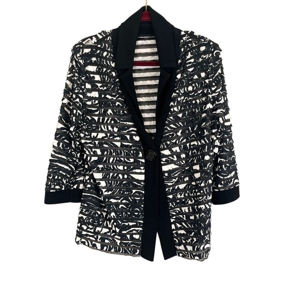 Animal Print Blazer M Black Striped Sheer Neutral Retro Boho Western Preppy Chic